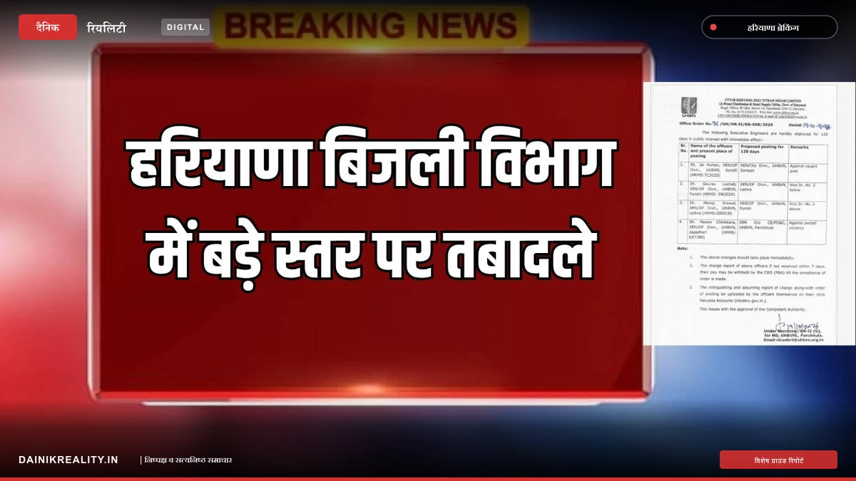 Haryana Bijli Vitran Nigam Transfer: हरियाणा बिजली विभाग में बड़े स्तर पर तबादले, जारी हुई नई सूची