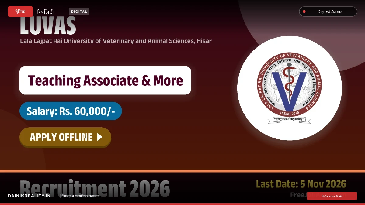 LUVAS Recruitment 2026: हिसार लाला लाजपत राय यूनिवर्सिटी में टीचिंग एसोसिएट के 8 पदों पर भर्ती, ₹60,000 वेतन